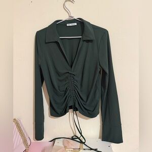Zara Dark Green Ruched Collared Long-Sleeve Top